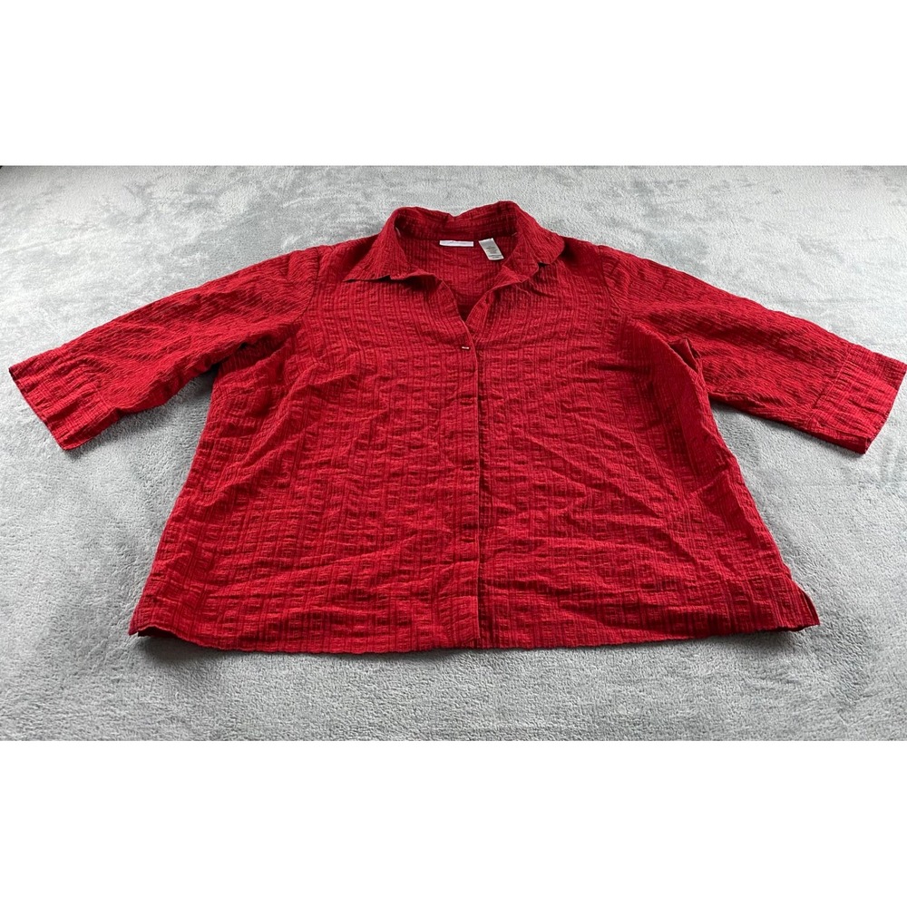 JH Collectibles Woman Red Textured Crinkle Button Front Blouse 3/4 Sleeve 3X‎